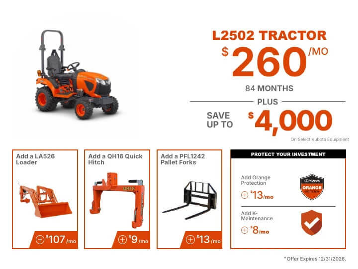 Tractor Package L2502 Package for $260 per month.