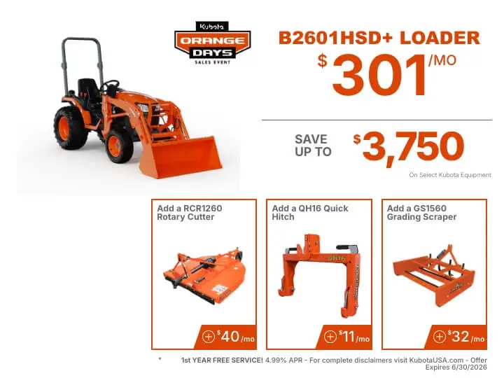 Tractor Package B2601HSD Package for $301 per month.