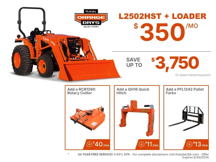 Tractor Package L2502HST Package for $350 per month.