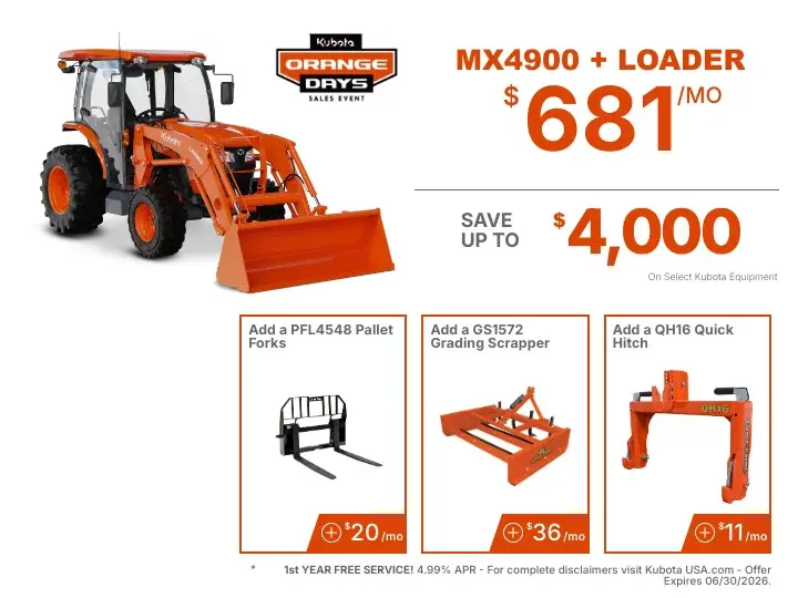 Tractor Package MX4900 Package for $681 per month.
